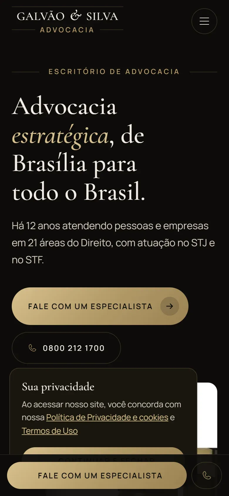 Site da Galvão & Silva Advocacia aberto no celular e no computador