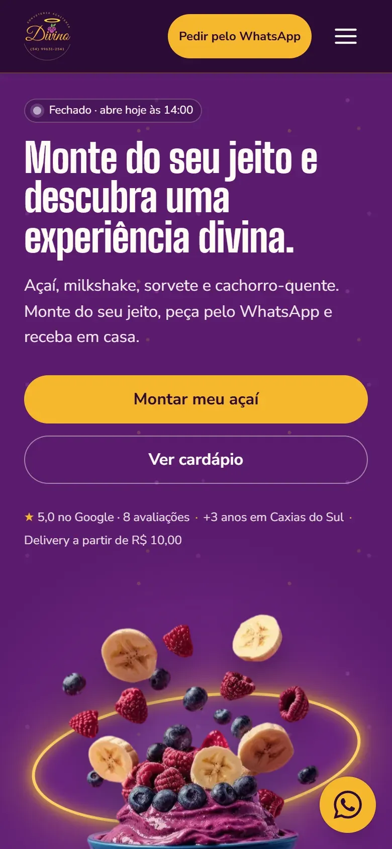 Site da Divino Açaiteria e Sorveteria aberto no celular e no computador
