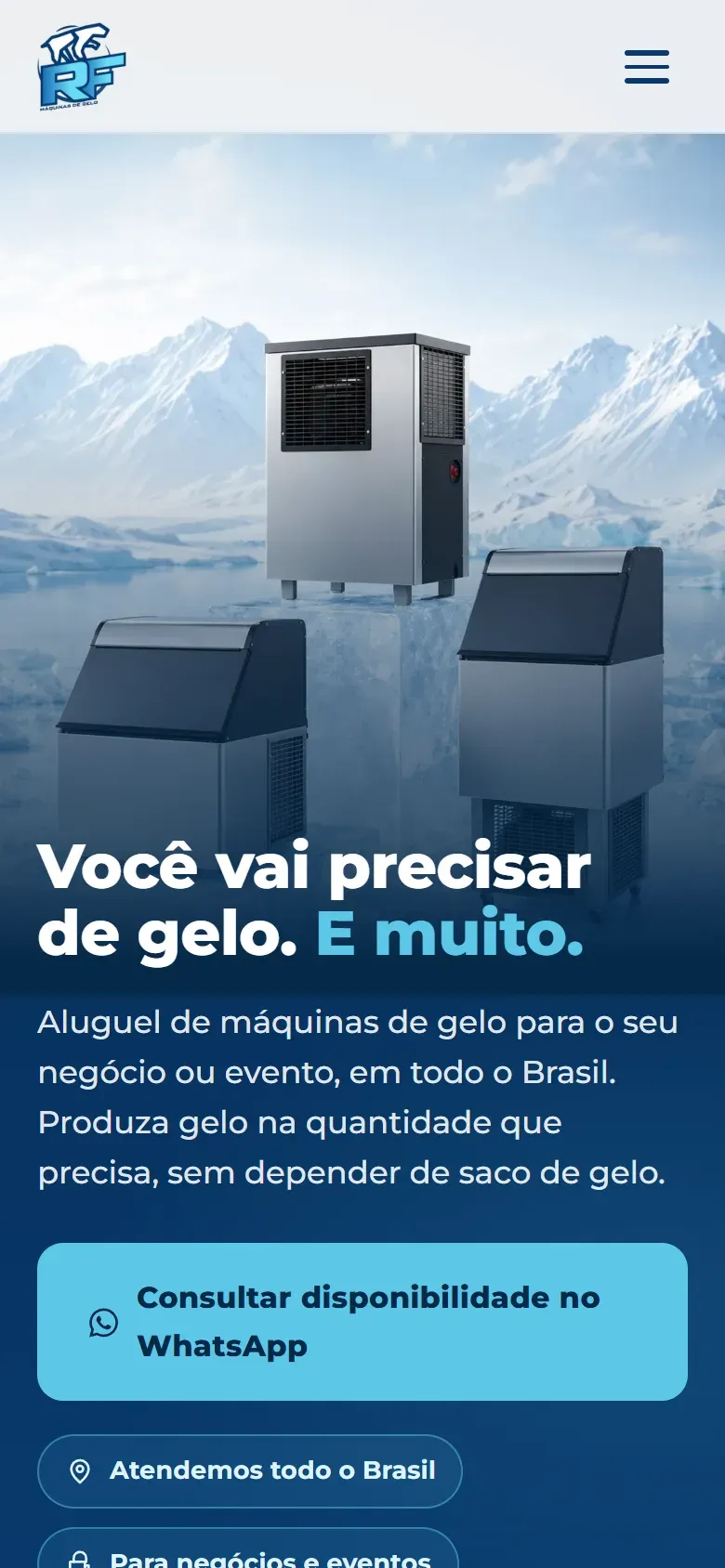 Site da RF Máquinas de Gelo aberto no celular e no computador